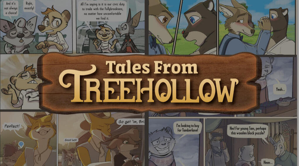 The logo for "Tales from Treehollow" in front of a collage of art from the various comics.