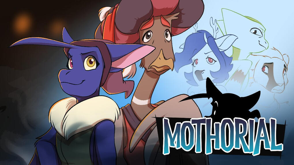 A banner for the webcomic "Mothorial" featuring the main characters.