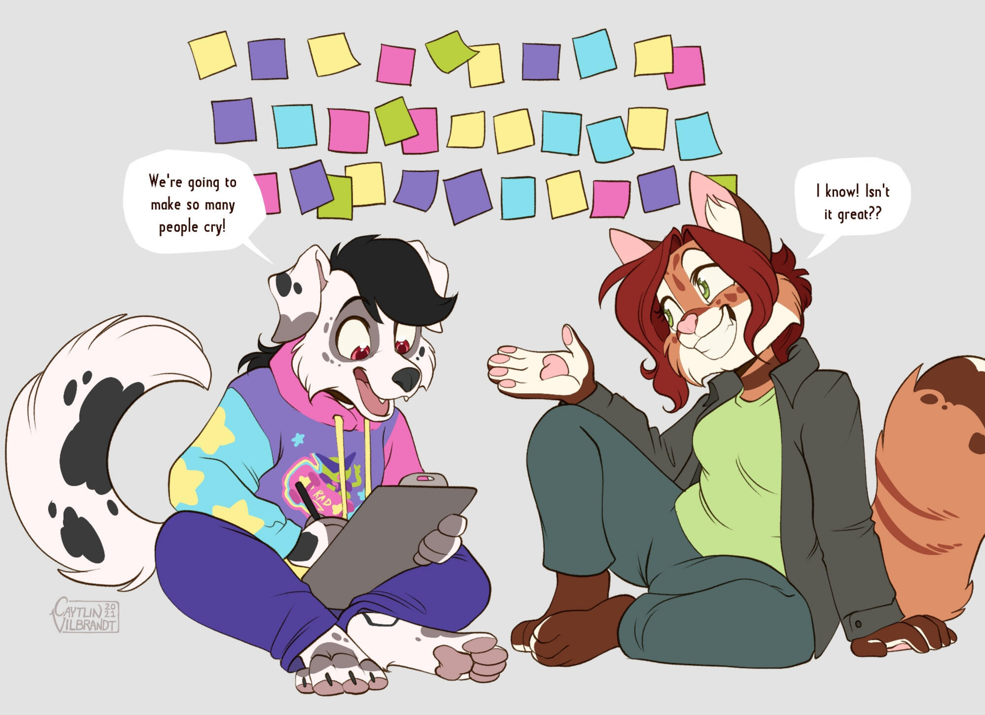 Art by Caytlin Vilbrandt of our sonas sitting in front of a line of sticky notes discussing Tamberlane story ideas: Me: "We're going to make so many people cry!" Caytlin: "I know, isn't it great??"